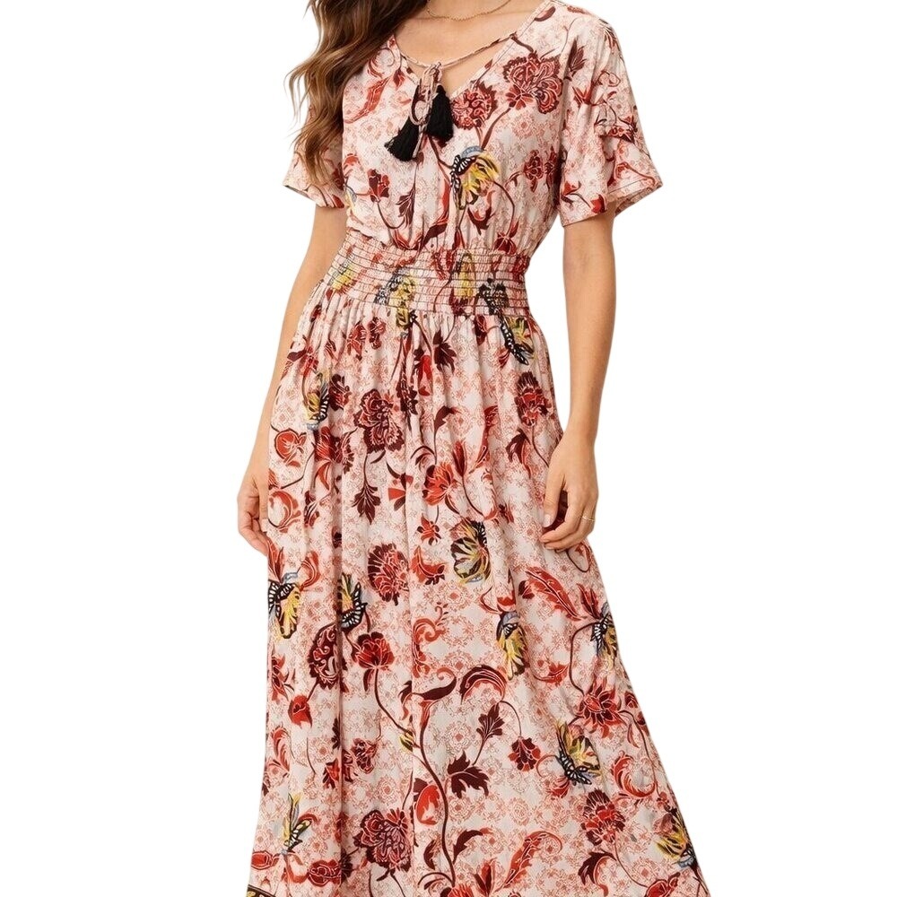 *NWT*‎ Lildy Maxi Dress Women L-XL Floral Paisley Tassel Tie Back Smocked Waist